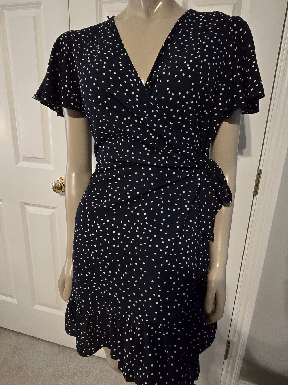 Navy Polka Dot Wrap Midi Dress with Tie Waist